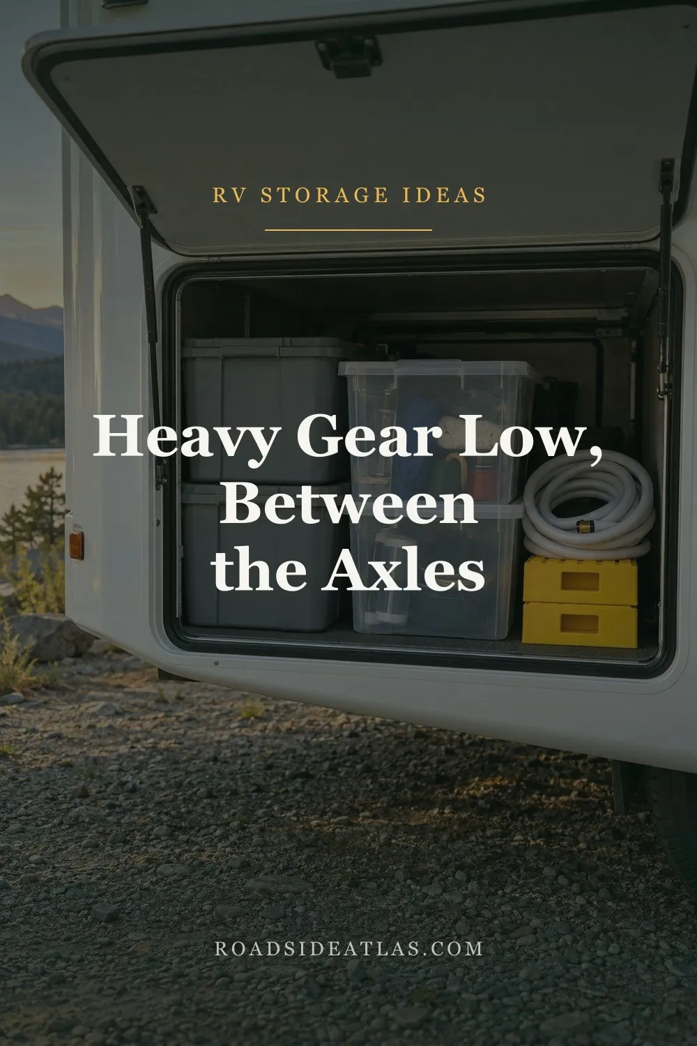 An open RV exterior storage bay with grey and clear bins, a coiled water hose and yellow leveling blocks on the floor