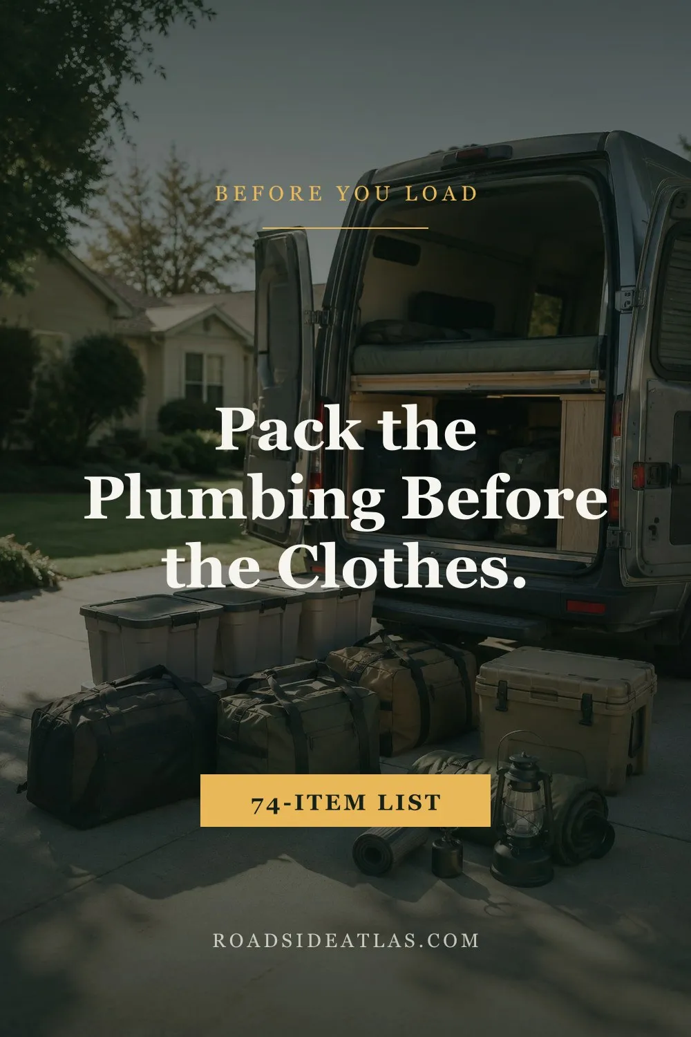 Storage bins, duffel bags and a cooler on a driveway beside the open rear doors of a camper van, mid-packing