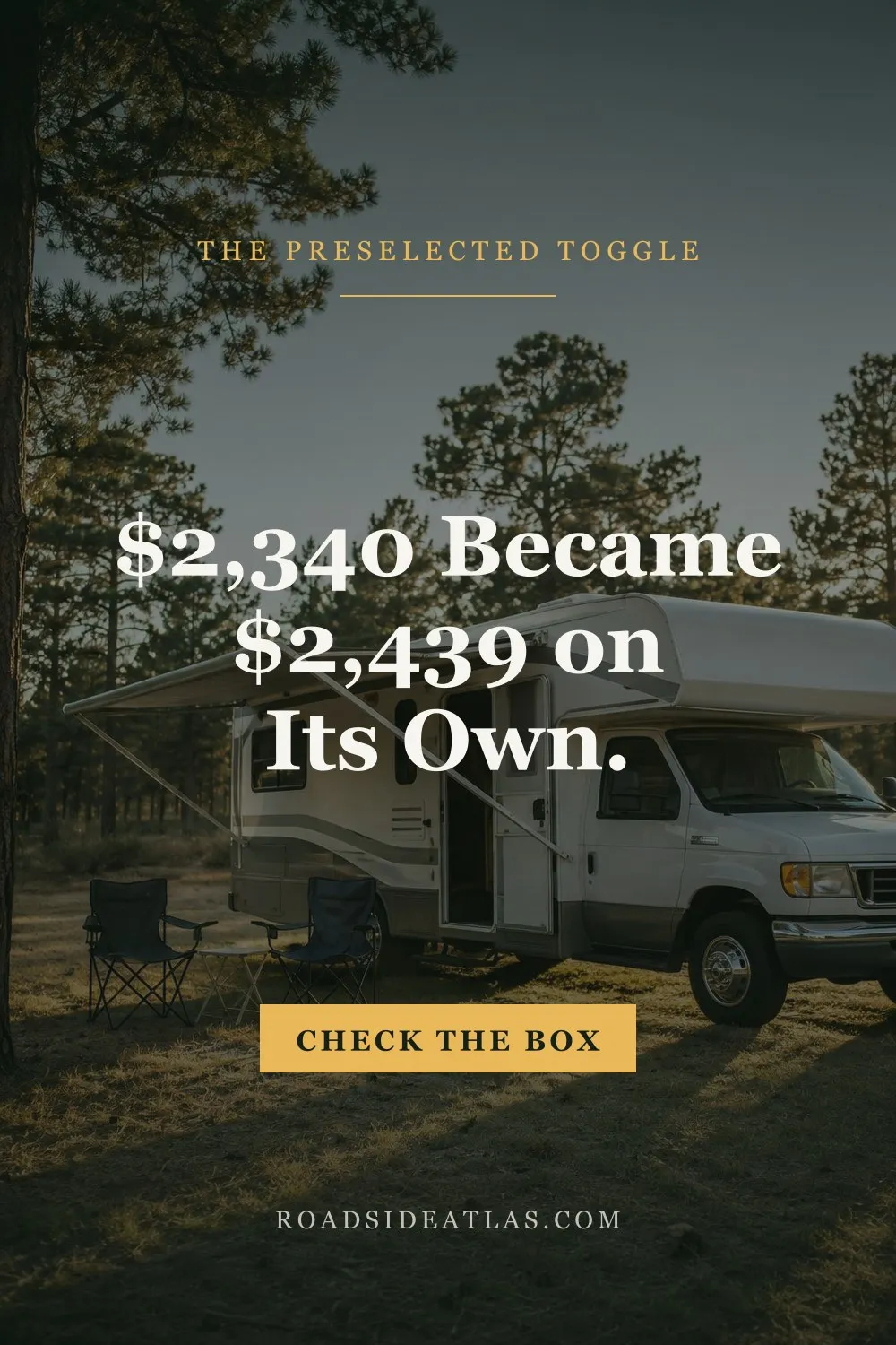 A white Class C motorhome parked among pines at golden hour with camp chairs set out beside it